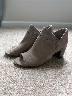 x-appeal Taupe Open-Toe Laser-Cut Block Heel Booties